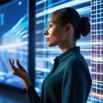 PM의 필수 비즈니스 스킬 - **Prompt:** "A highly focused female product manager, mid-30s, with a determined expression, stands ...